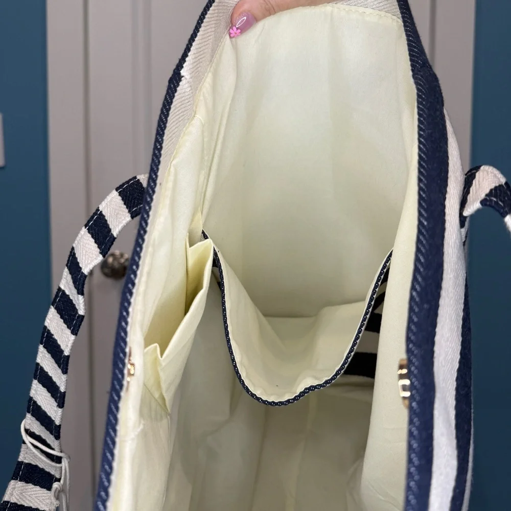 Altar’d State Striped Navy and White Canvas Tote Bag‎